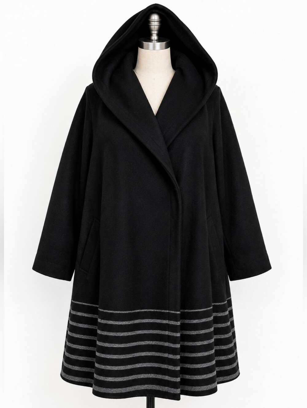 Jessica London Wool Blend Hooded Cocoon Coat Black Gray Stripe Plus Size 24
